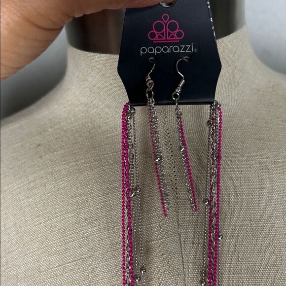 Paparazzi Pink Layered Necklace and Earrings Set - Picture 3 of 3